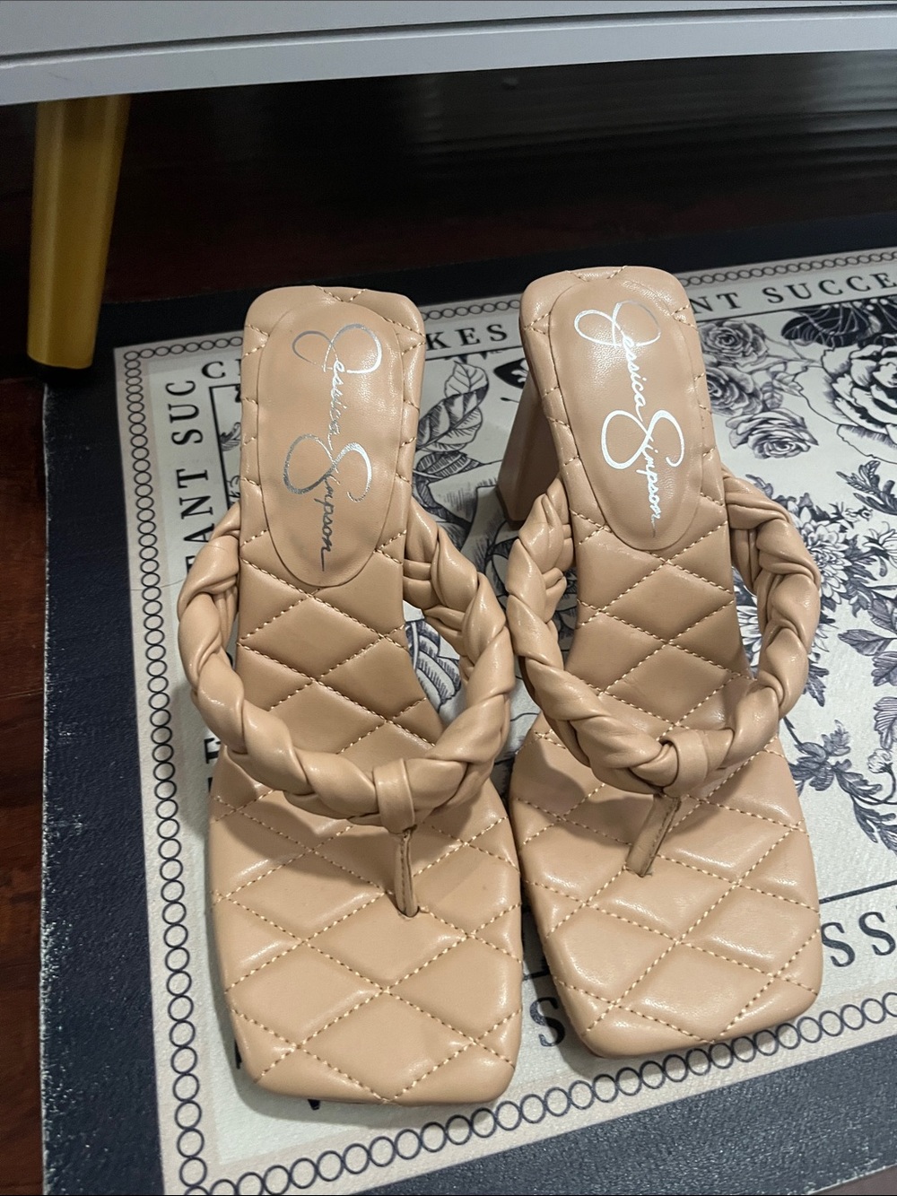Jessica Simpson Beige Quilted Braided Thong Block Heel Sandals